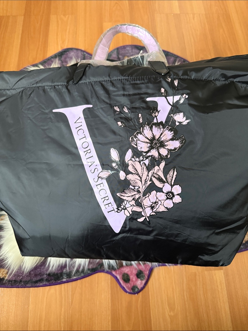 Victoria's Secret Black Tote with Light Lavender Floral V Graphic
